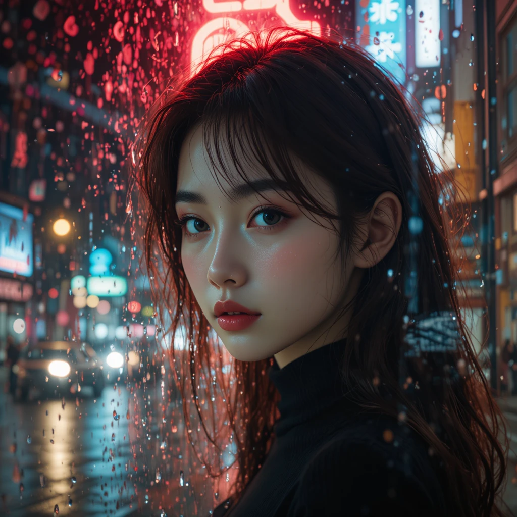 비 내리는 창문 너머 네온 밤거리의 한국 여대생