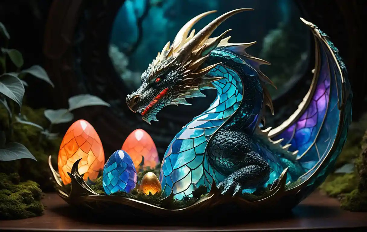 Cosmic crystal dragon god guarding a ring of worlds