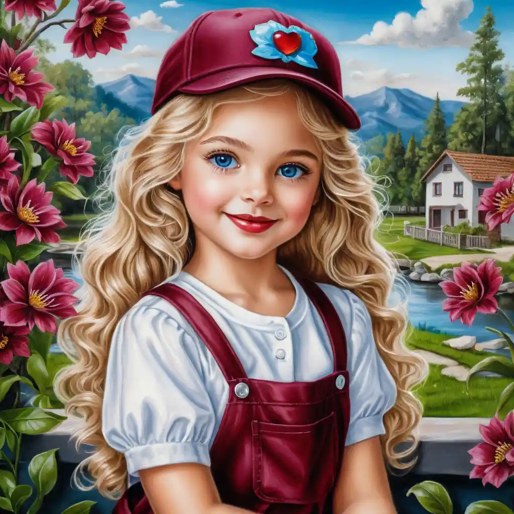 Smiling blonde girl in spring with kitten and burgundy outfit