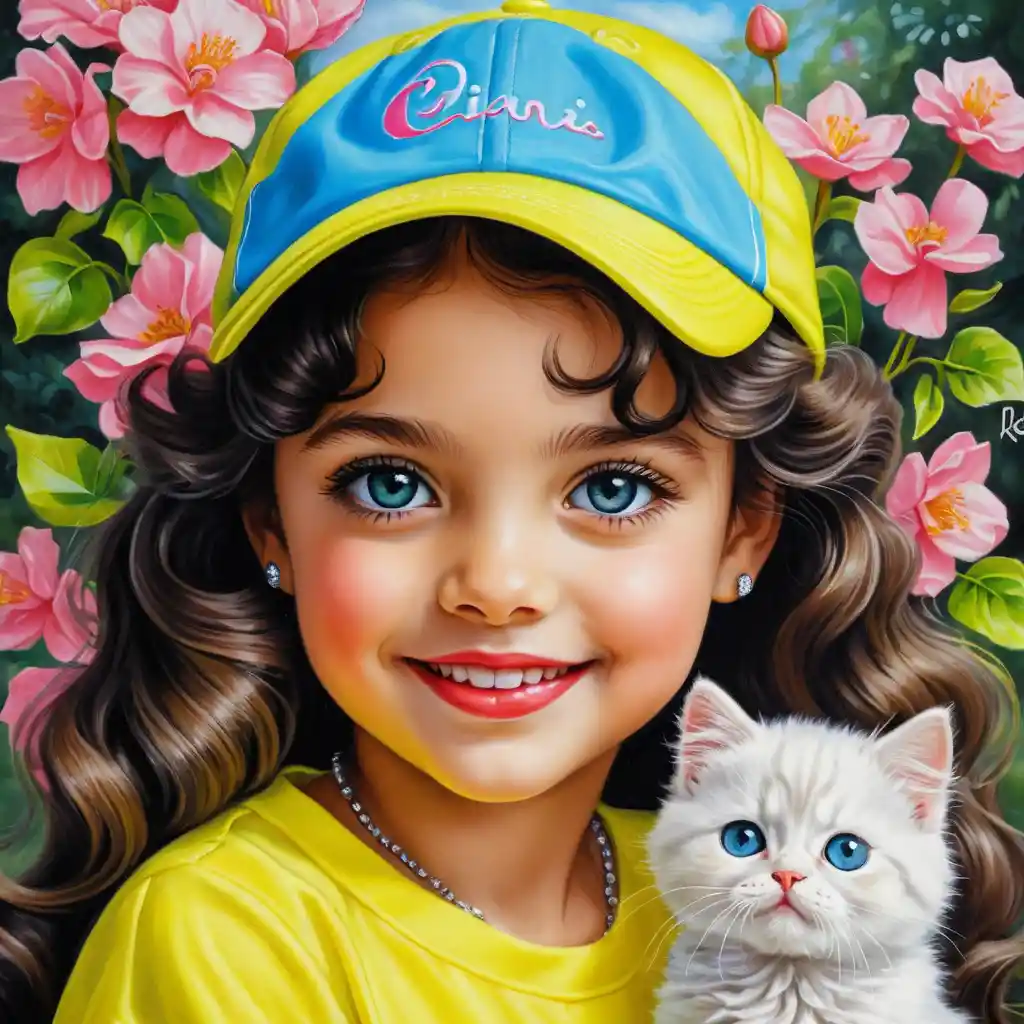 Garota sorridente com gatinho em roupa de primavera amarelo neon