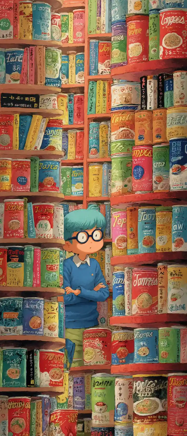 Cheerful anime librarian in a colorful noodle cup library