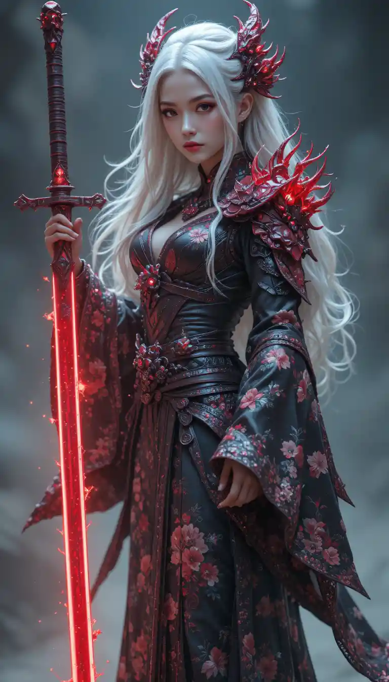 Ethereal armored girl with crimson katana in dark kimono