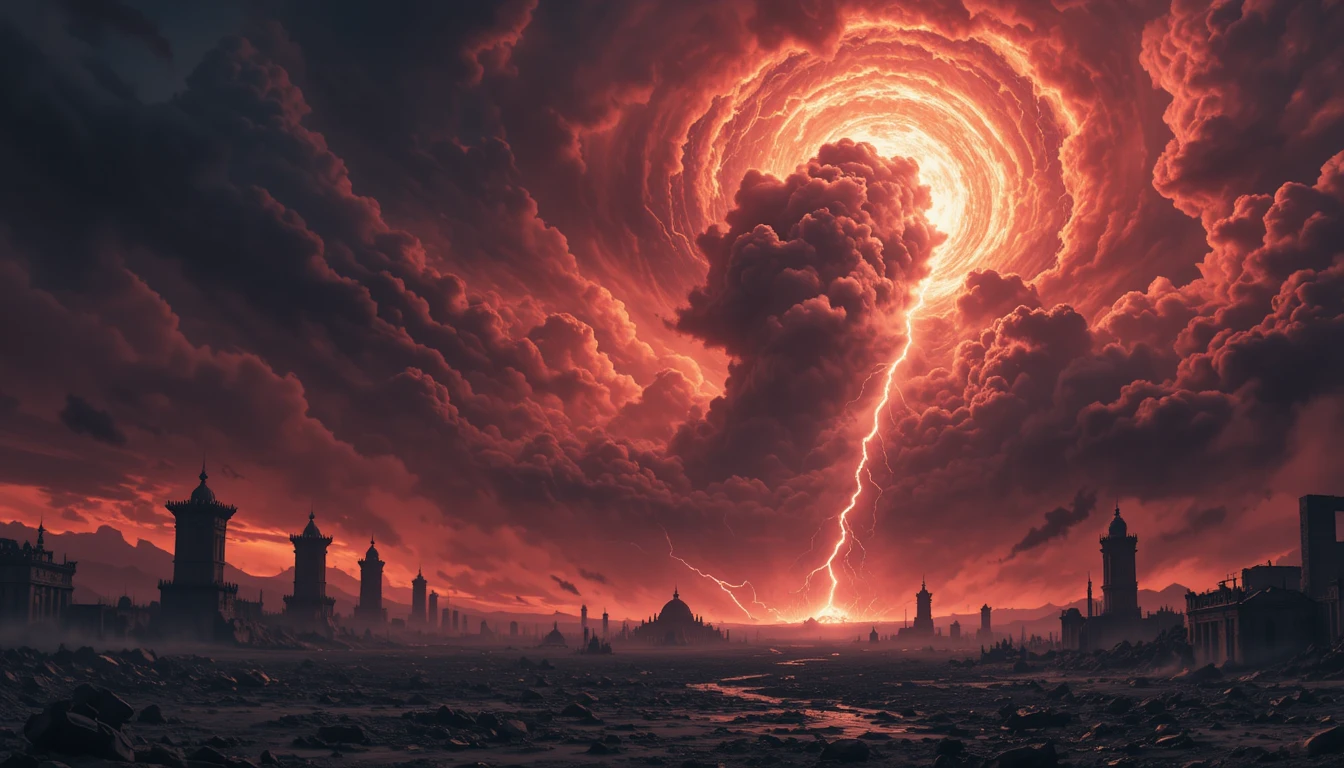 Apocalyptic ruins beneath a blood red storm torn sky