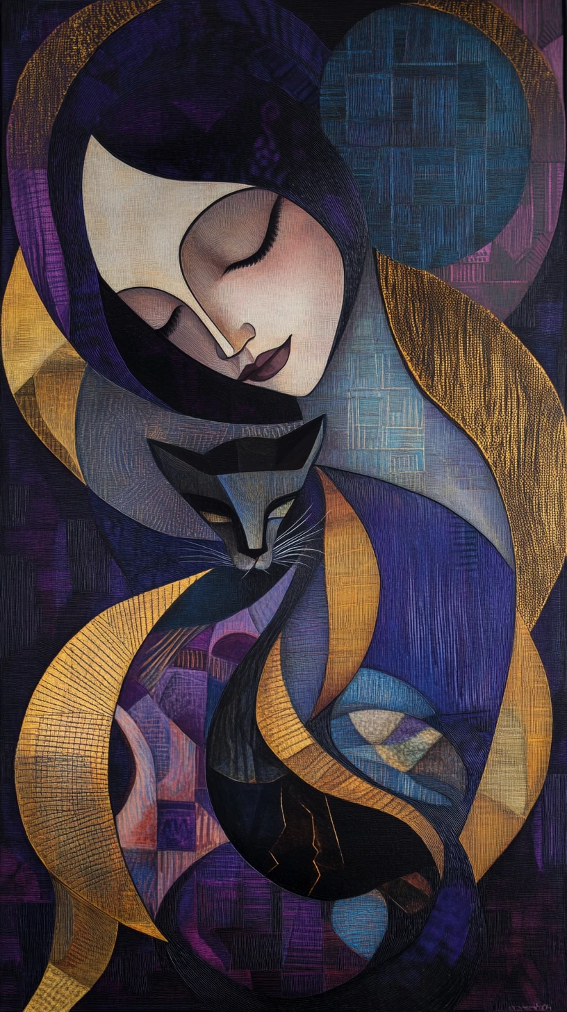 Abstract cubist woman intertwined with a sleek elegant cat