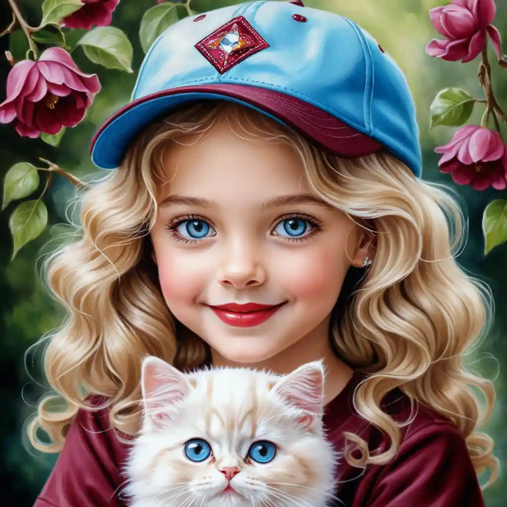 Smiling Blonde Girl In Burgundy Outfit With Persian Kitten