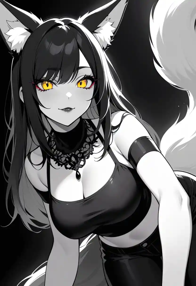 Gothic fox woman with glowing golden eyes in close up