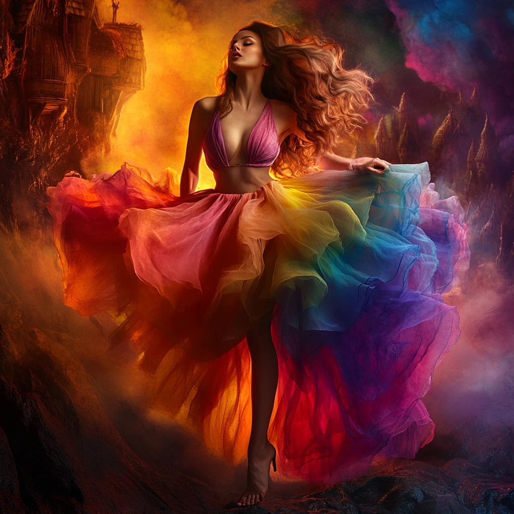 Romantic cinematic portrait of a woman in a rainbow dress