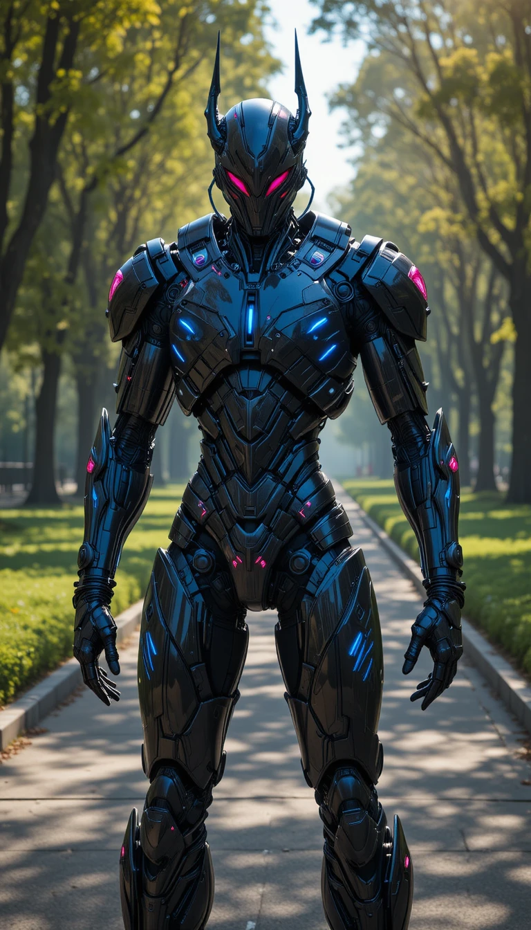 Futuristic humanoid robot in armor in a sunny park