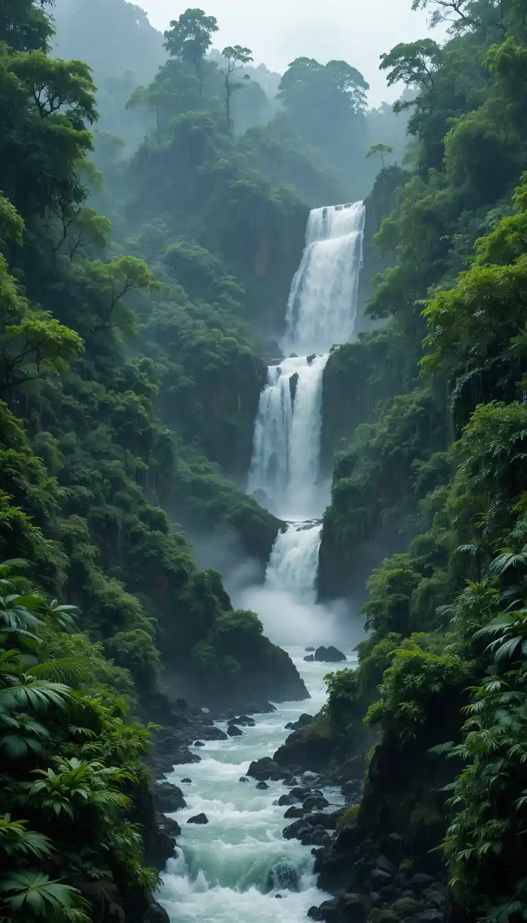 Multi level waterfall in a dense tropical rainforest storm