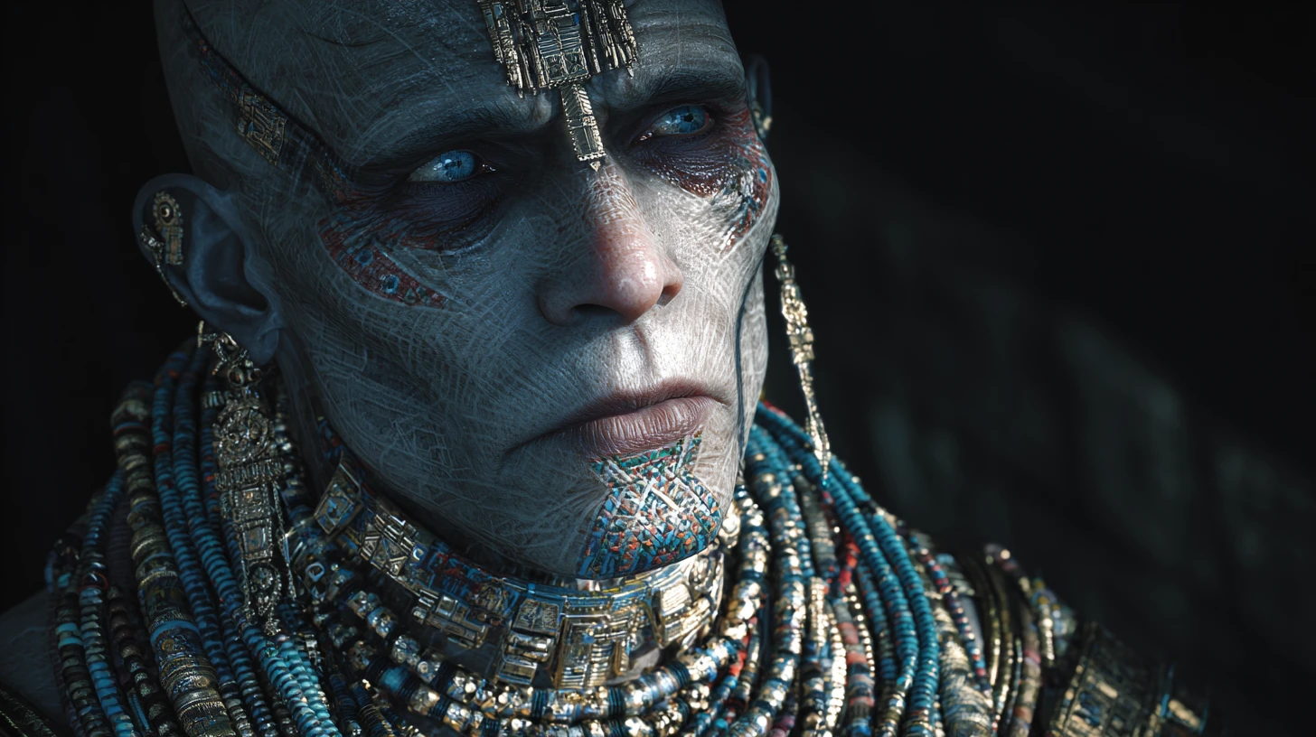 Close up portrait of a cybernetic high priest