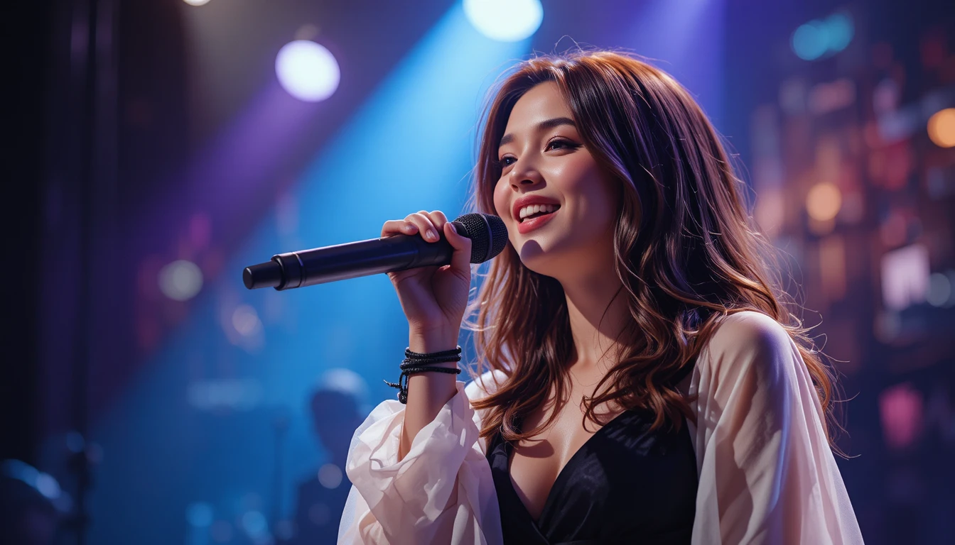 Female singer performing live under blue and purple lights