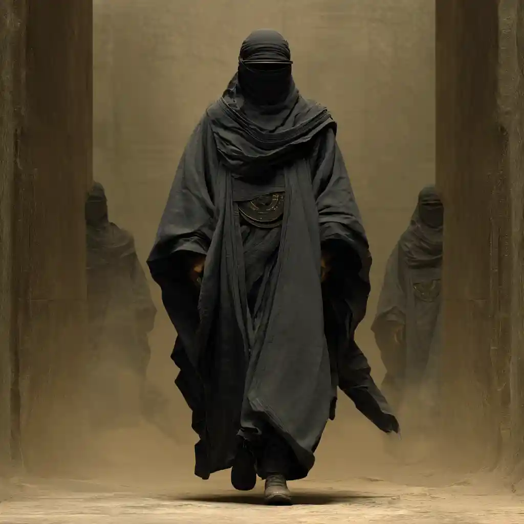 Ninja incappucciato di nero in un mondo futuristico di fantascienza