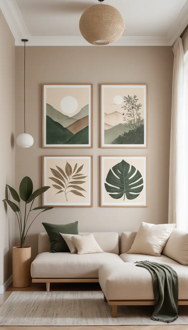 Minimal japandi lounge with framed botanical wall art