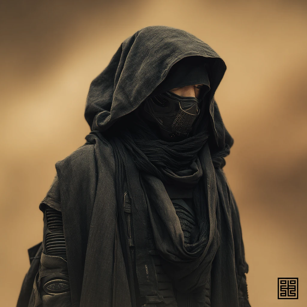 Dark robed ninja aboard a futuristic space frigate