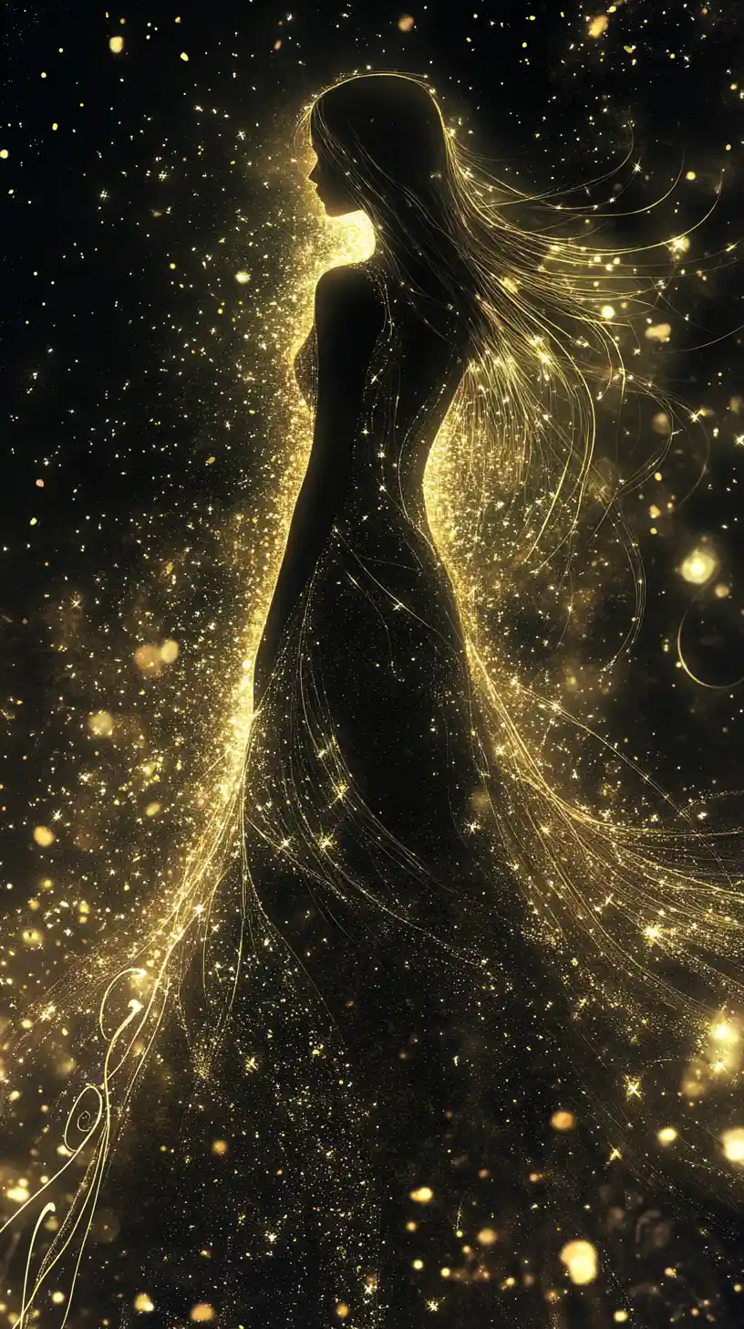 Silhouette di Donna Eterea e Luminosa nel Buio Cosmico Stellato
