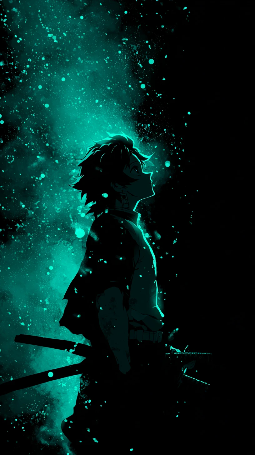 Anime swordsman in profile against glowing cosmic void