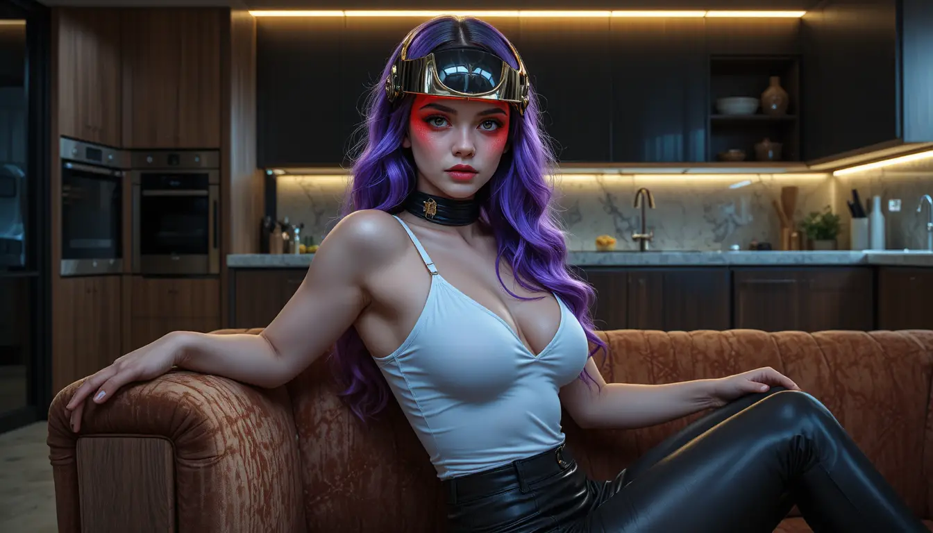 Violet skinned woman on rust velvet sofa by modern kitchen