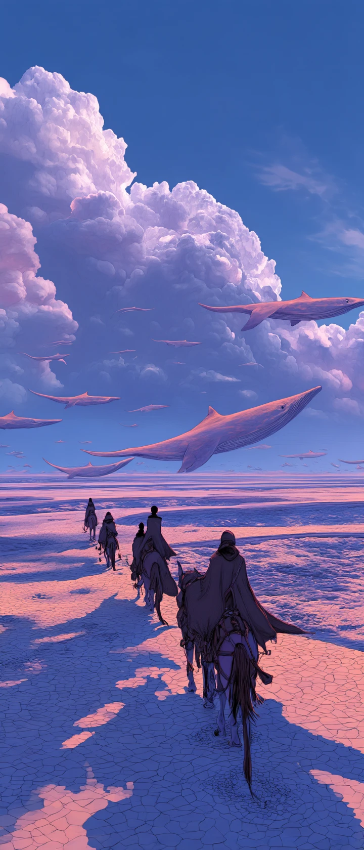 Anime desert nomads traveling with glowing sand whales