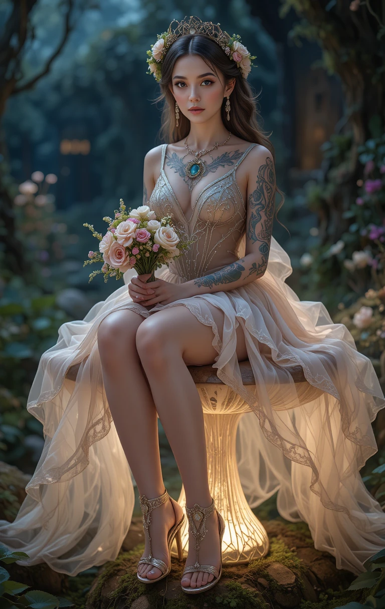 Mulher tatuada glamourosa em um cogumelo brilhante à noite