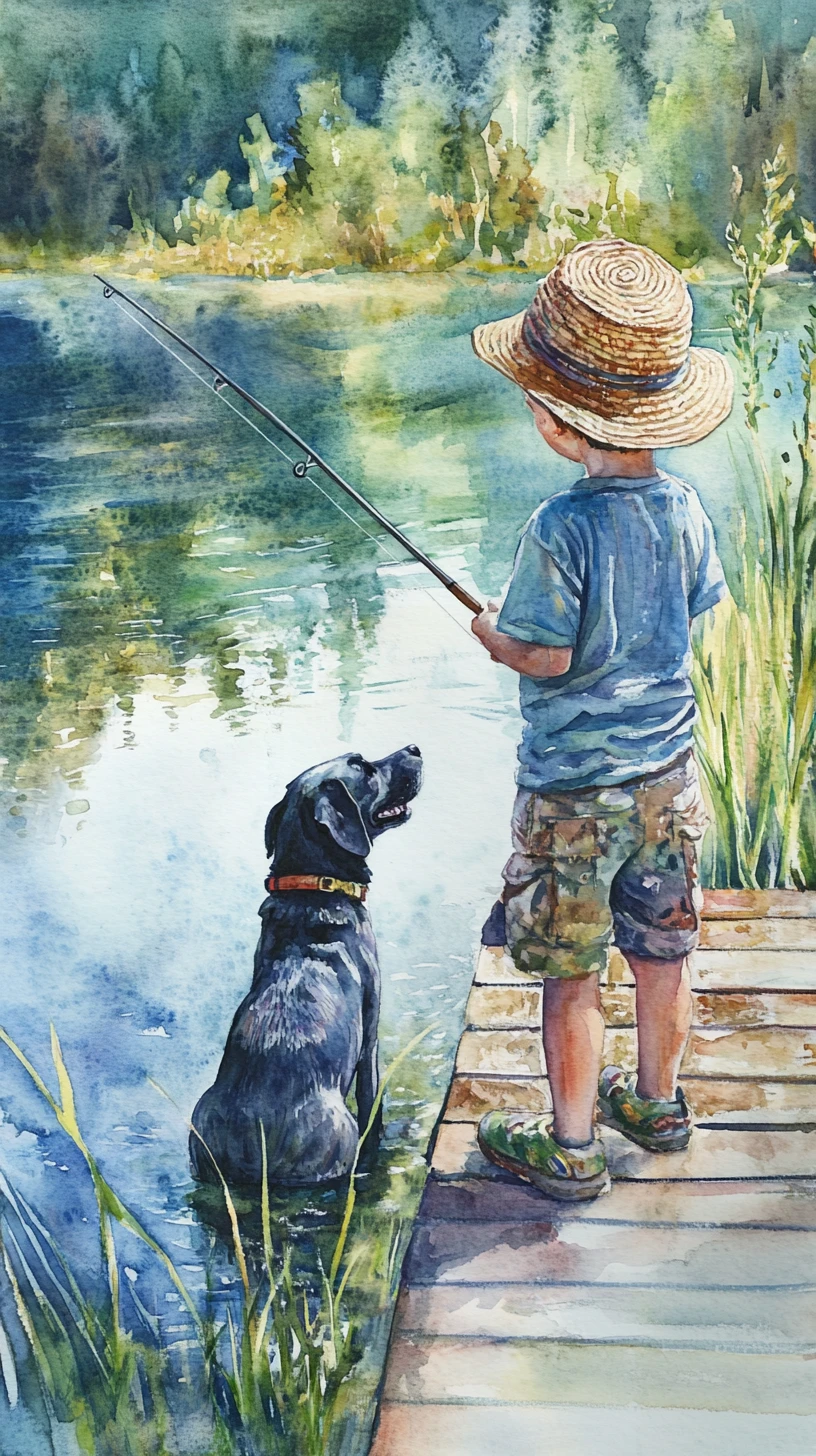 Aquarell Junge angelt mit Hund auf hölzernem Steg am See