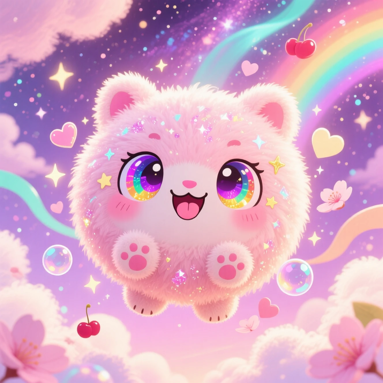 Süßes Chibi-Wesen mit Regenbogenaugen im pastellfarbenen Galaxiehimmel