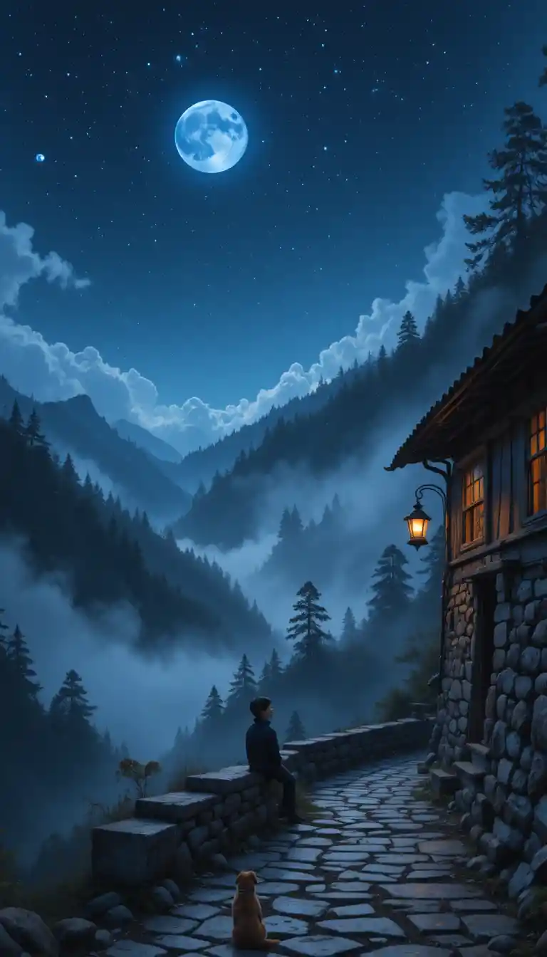 Boy And Dog Under Lantern On Quiet Mountain Lane