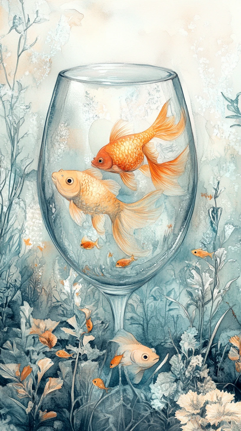 Aquarell-Goldfische in einer pastellfarbenen Vintage-Postkarten-Szene