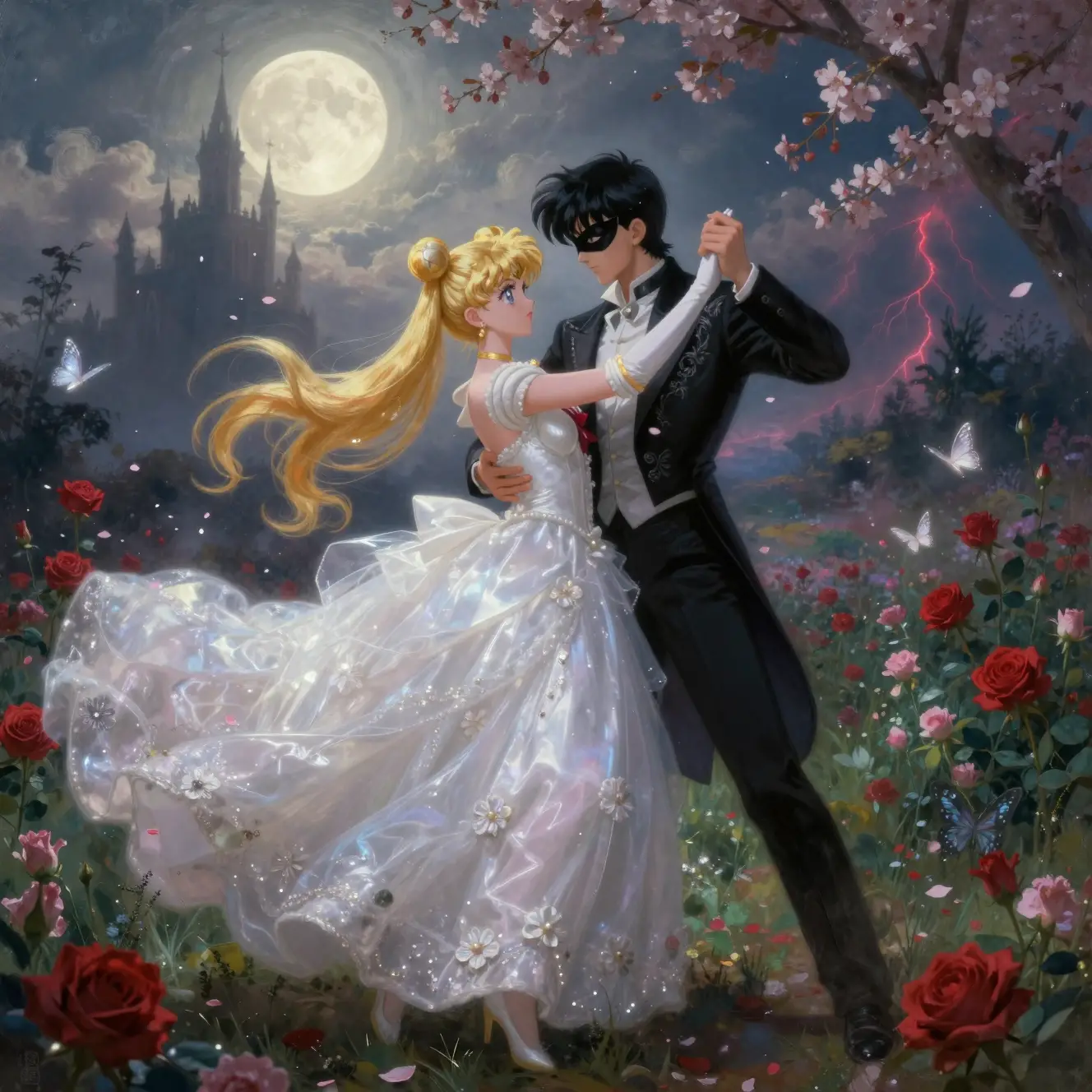 Romantic couple dancing in a moonlit flower meadow