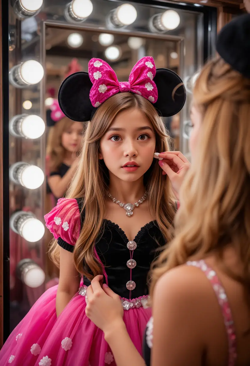 Young boy in pink Minnie dress getting makeup in boutique