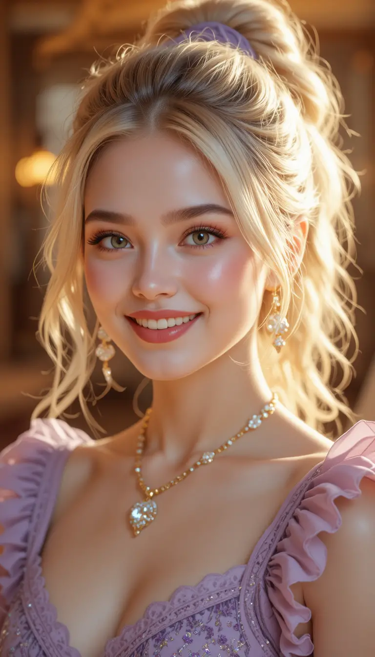 Lächelndes Porträt eines blonden Mädchens mit Goldschmuck und Bokeh