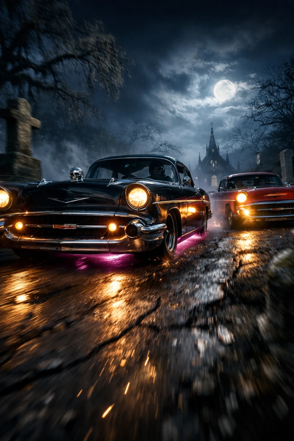 Nighttime drag race between classic cars in a foggy cemetery