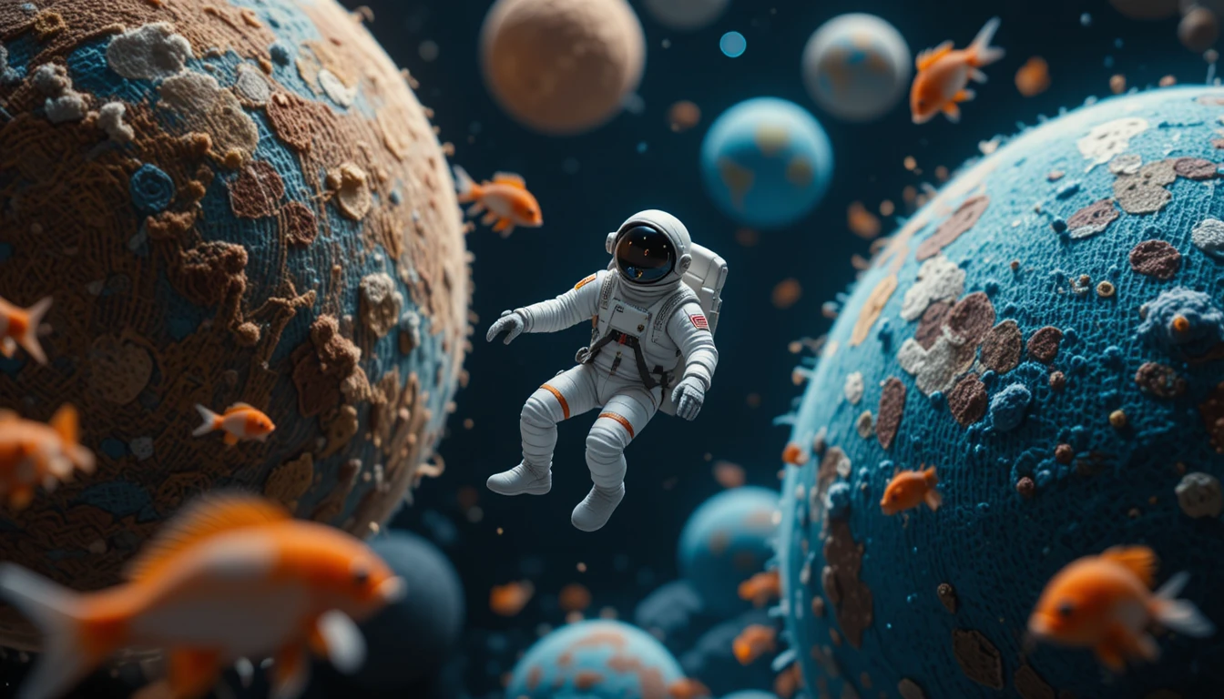 Astronaut Floating Among Yarn Planets And Colorful Fish
