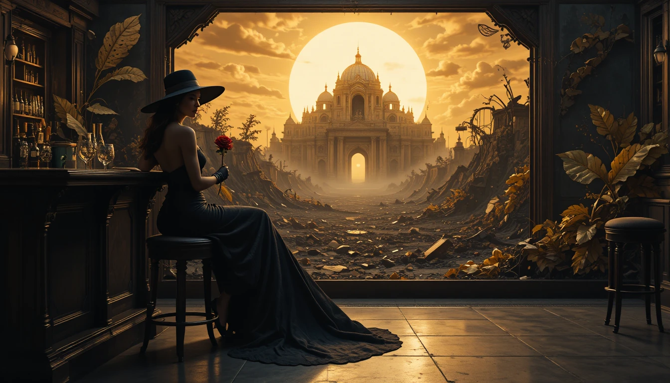 Elegant woman in shadowed bar with red rose