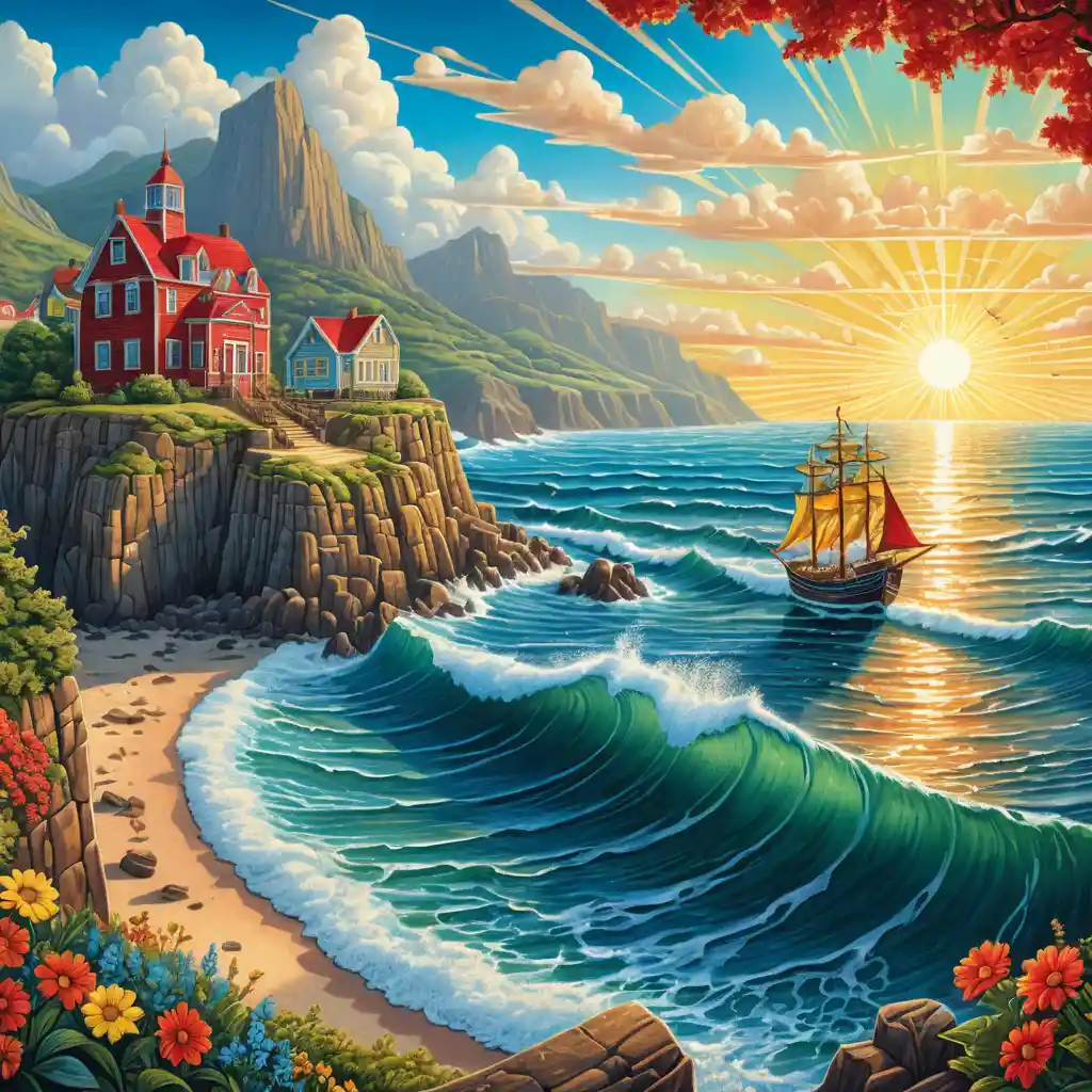 Colorful ship and cliffside town under bright summer sky