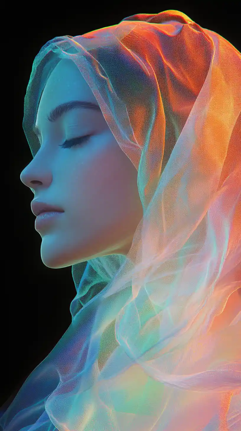 Neon veiled woman in serene three quarter profile portrait