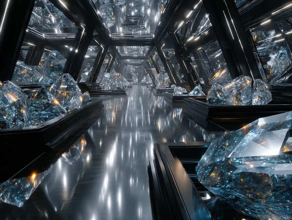 Alien glass beings crossing a colossal starship bridge