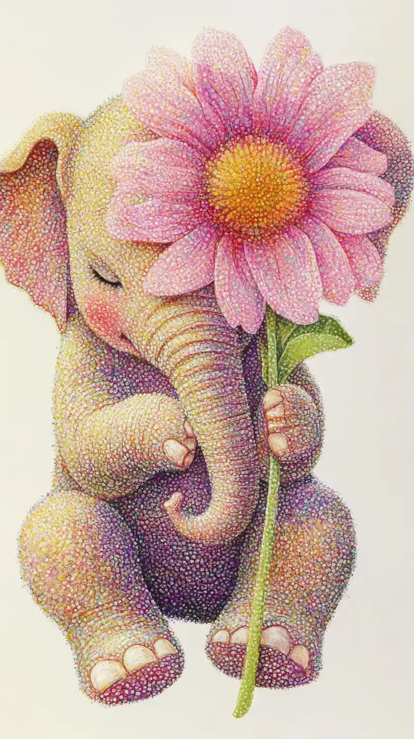 Cute elephant holding a pink flower on white background