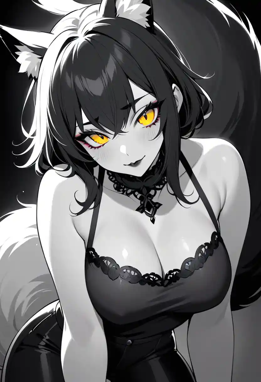 Gothic fox woman with glowing golden eyes in close up