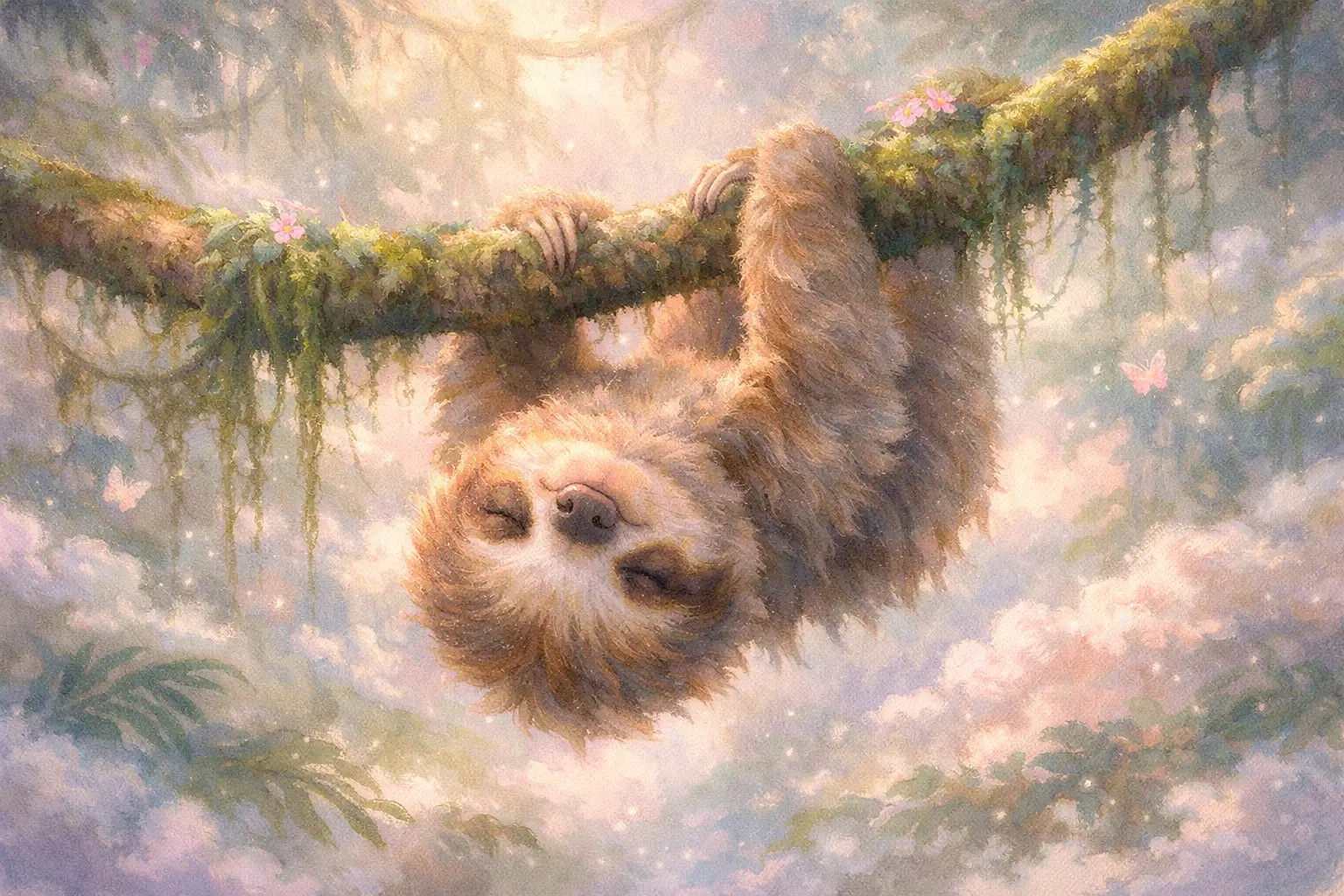 Baby sloth hanging in a misty cloud forest canopy