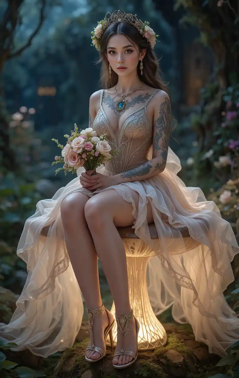 Glamorous tattooed woman on glowing toadstool at night
