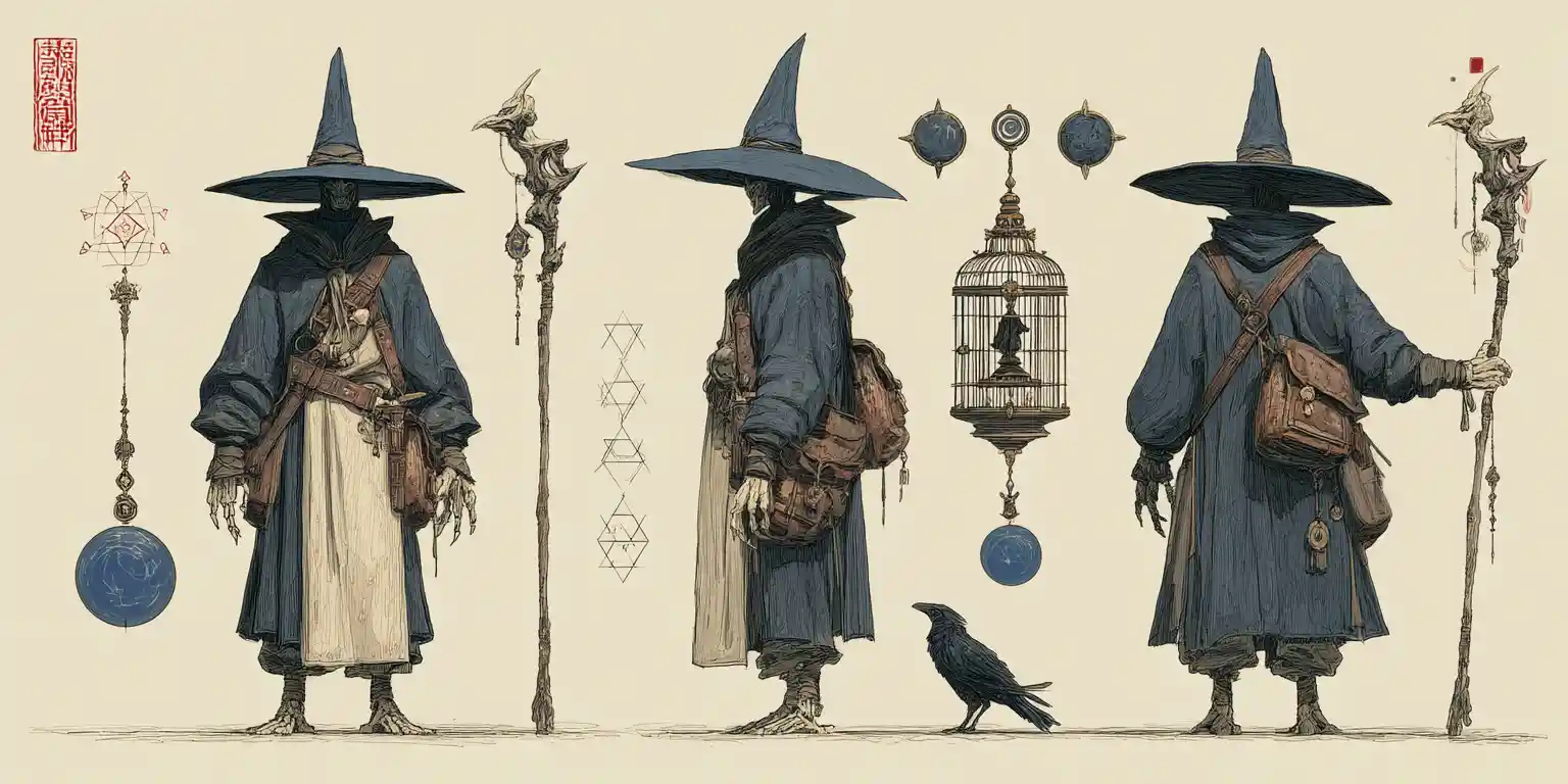 Alto mago fantasy incappucciato con volto nascosto e sfere arcane