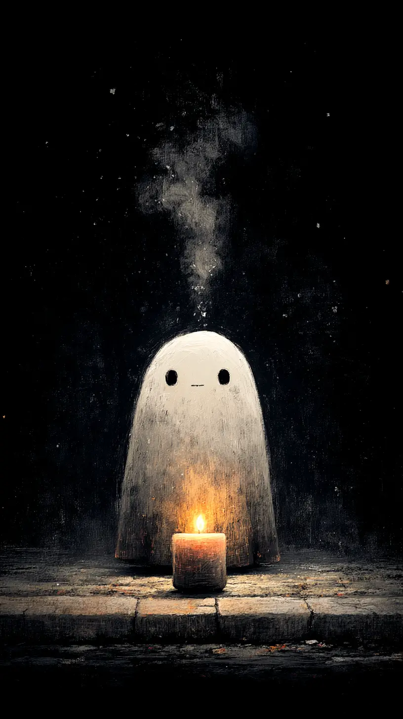 Cute ghost floating above an unlit candle with smoke
