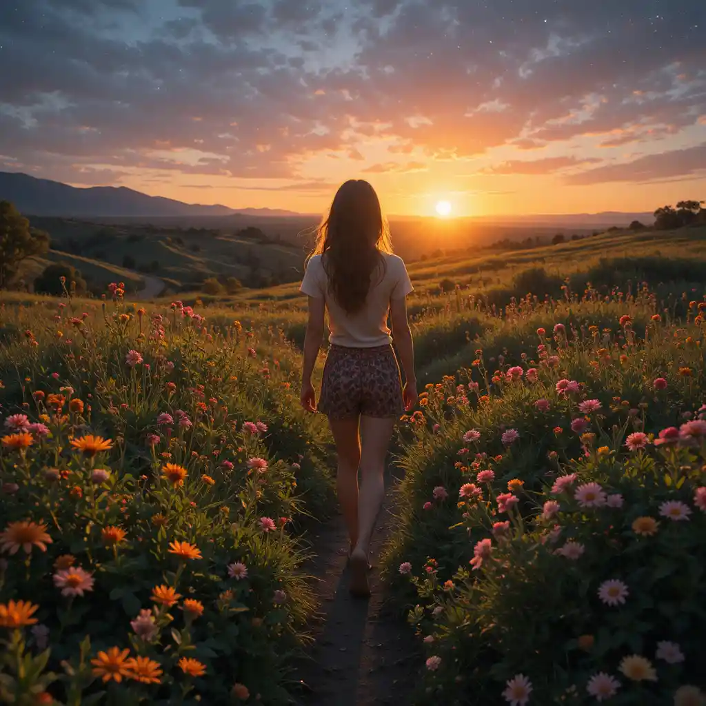 Junge Frau geht bei friedlichem Sonnenuntergang durch Blumen