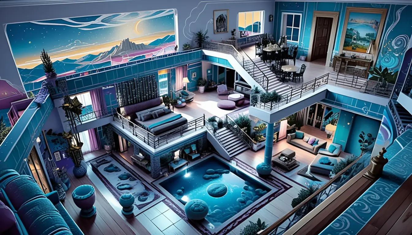 Isometric luxury stone villa interior in fantasy mountains