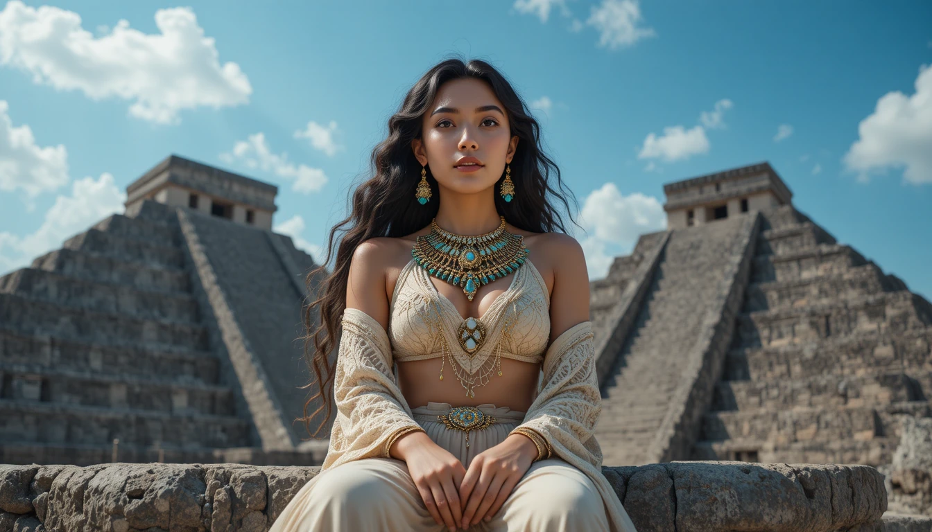 Young aztec woman resting by ancient stone terrace