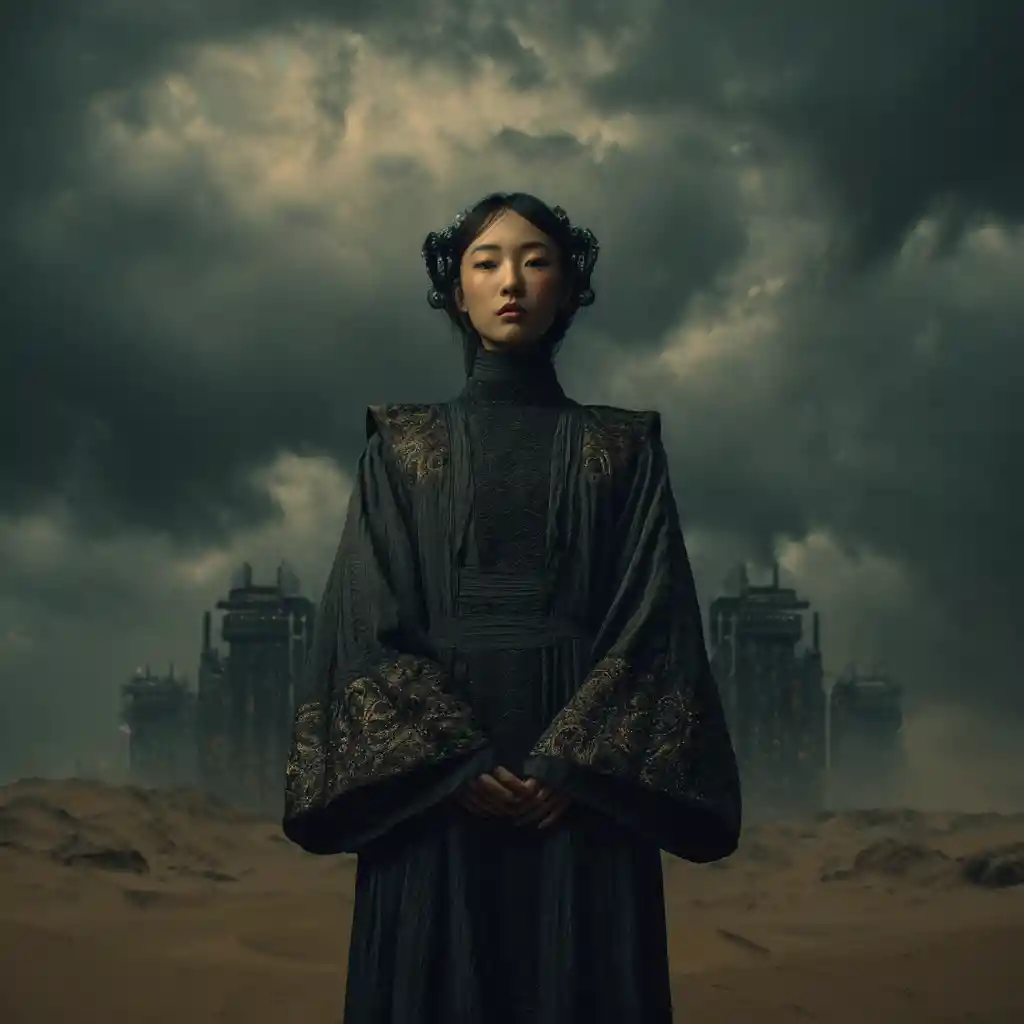 Asian sci fi princess in dark robe aboard futuristic spacecraft