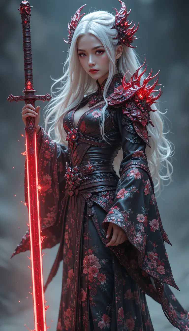 Ethereal armored girl with crimson katana in dark kimono