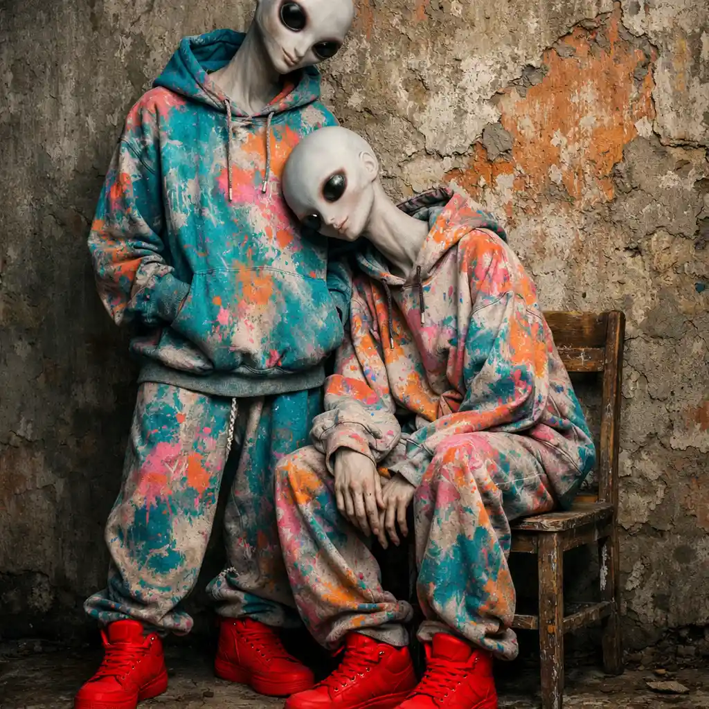 Surreal figures in splattered streetwear against peeling concrete wall