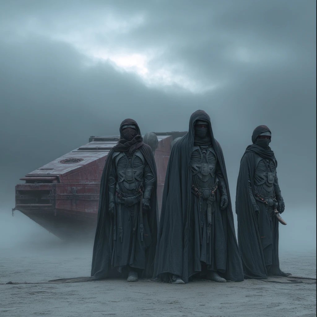 Dark robed sci fi warrior aboard a looming starship