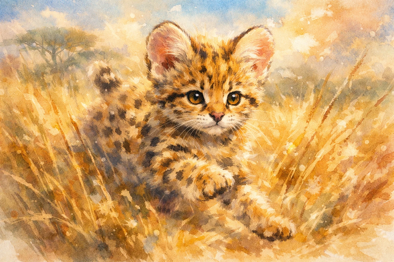 Playful serval kitten leaping through tall savanna grass
